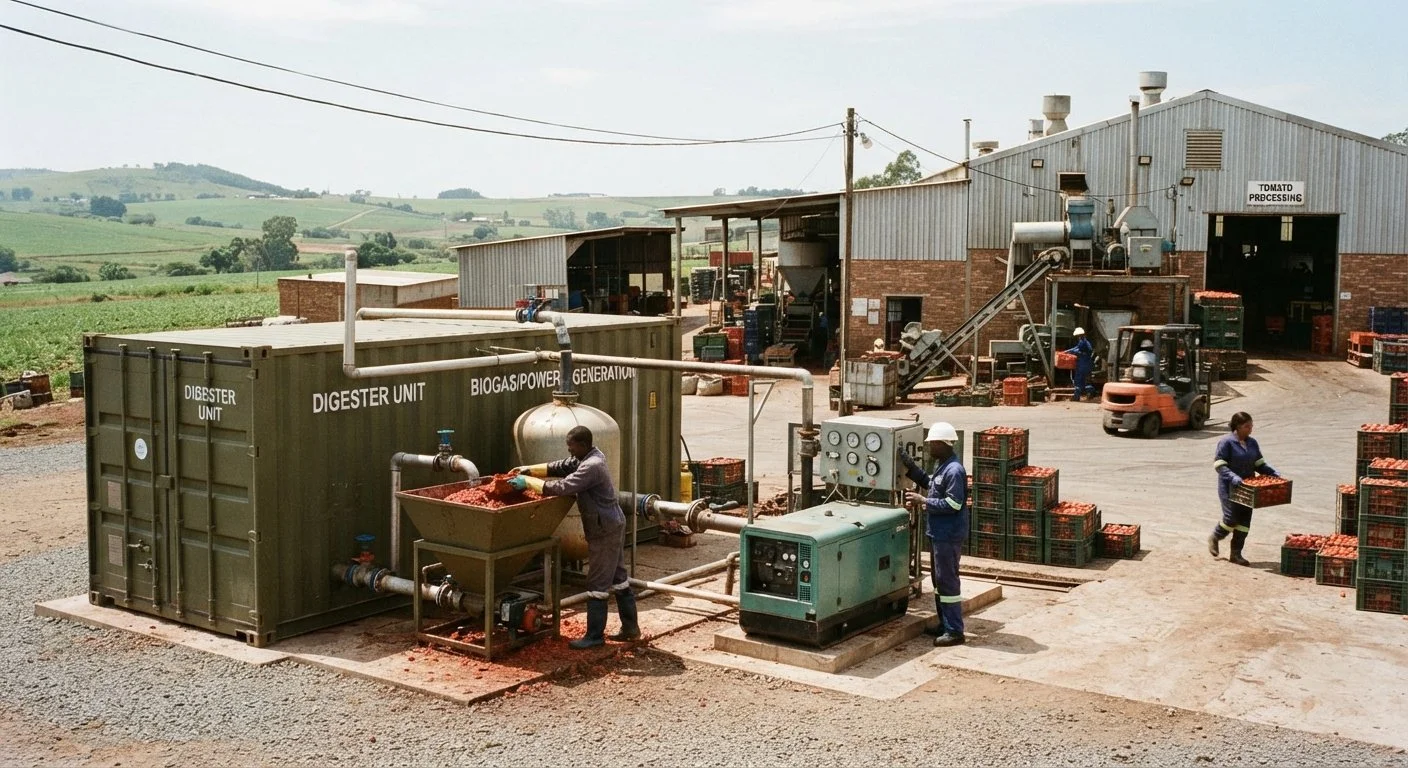 Workers harvesting tomatoes at a farm, with equipment and crates for processing, under a cloudy sky with rolling hills in the background.