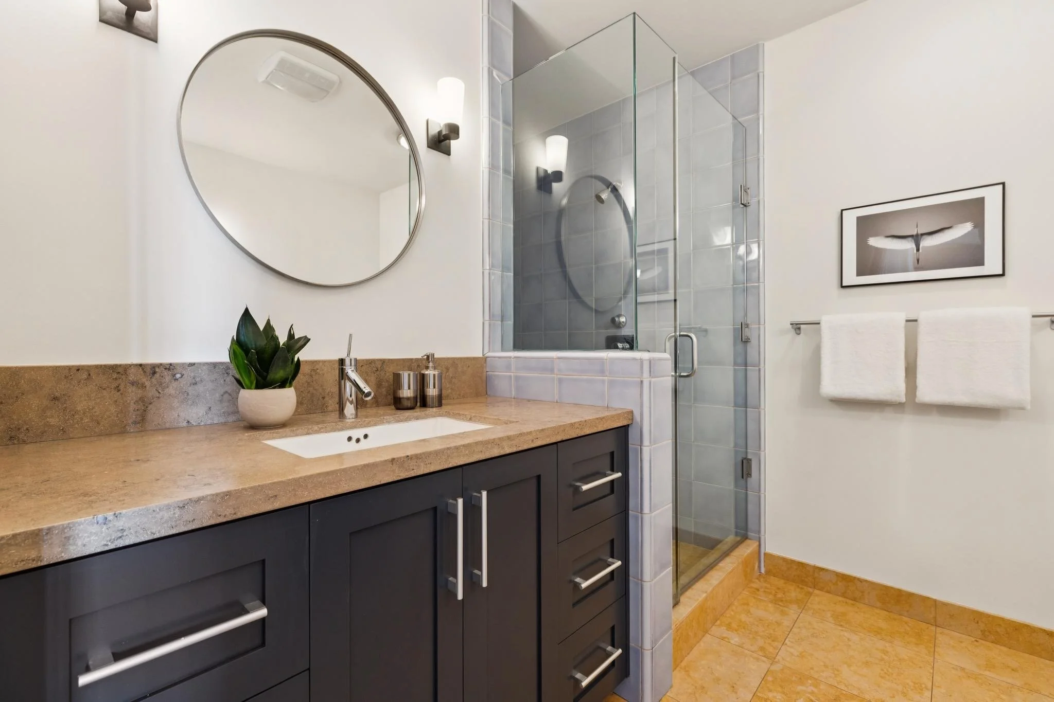 Modern bathroom with black vanity, beige countertop, circular mirror, small plant, soap dispensers, glass shower with two white wall-mounted lights, framed picture of a bird