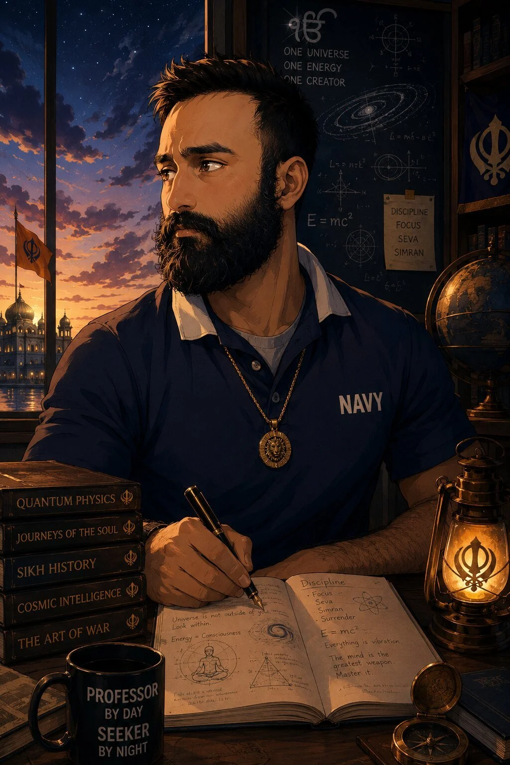 Illustrated portrait of ProfessorDrSufi in a study blending philosophy, science, art, and spiritual inquiry.
