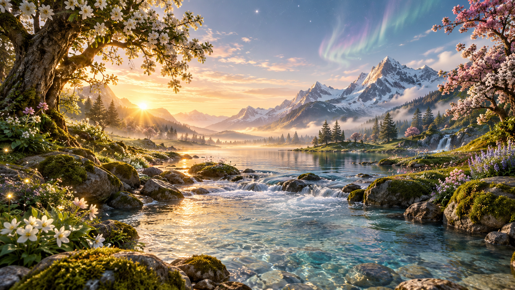 An enchanted sunrise valley with crystalline water, flowering trees, mountains, stars, and soft aurora light, evoking peace, safety, joy, and homecoming.