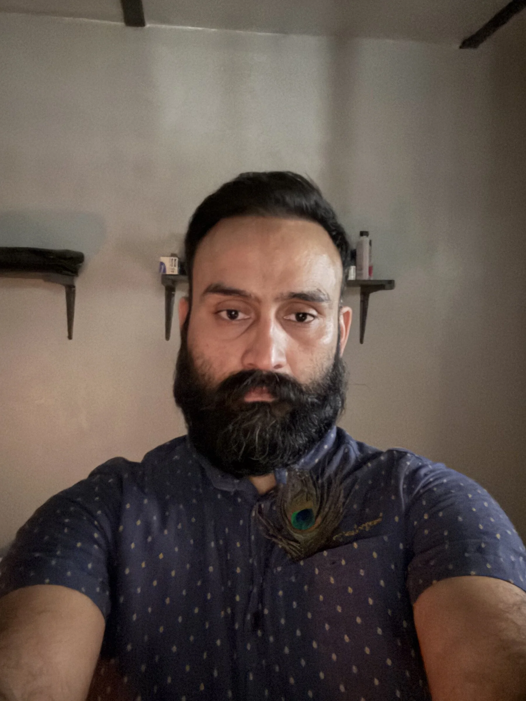 ProfessorDrAlchemy in an intellectual portrait beside peacock artwork.