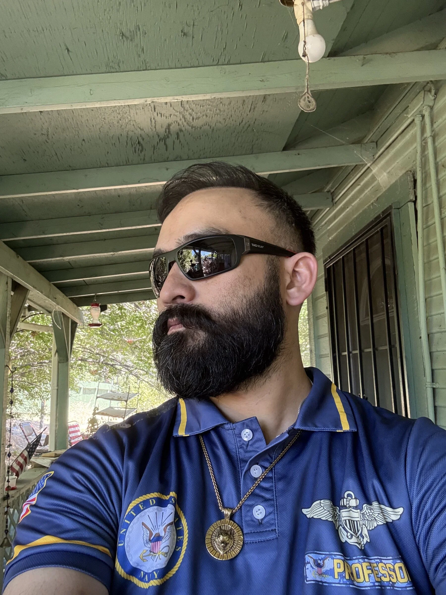 Editorial profile portrait of ProfessorDrSufi in blue aviator sunglasses.