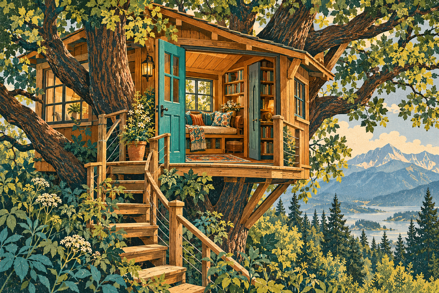 Illustration of a cedar treehouse with turquoise doors and a cosy reading nook, surrounded by trees above a mountain lake.