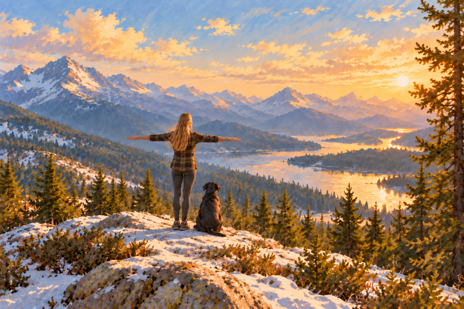 Illustration inspired by my Polaroid: standing on a rocky mountain summit with arms out to the sides, loose blonde hair and Ajax sitting beside me, overlooking a lake at sunset.