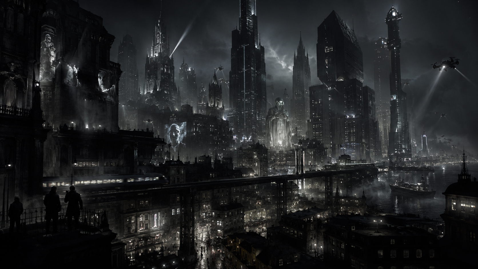 A dark, futuristic cityscape at night with towering skyscrapers, holographic displays, and flying vehicles.