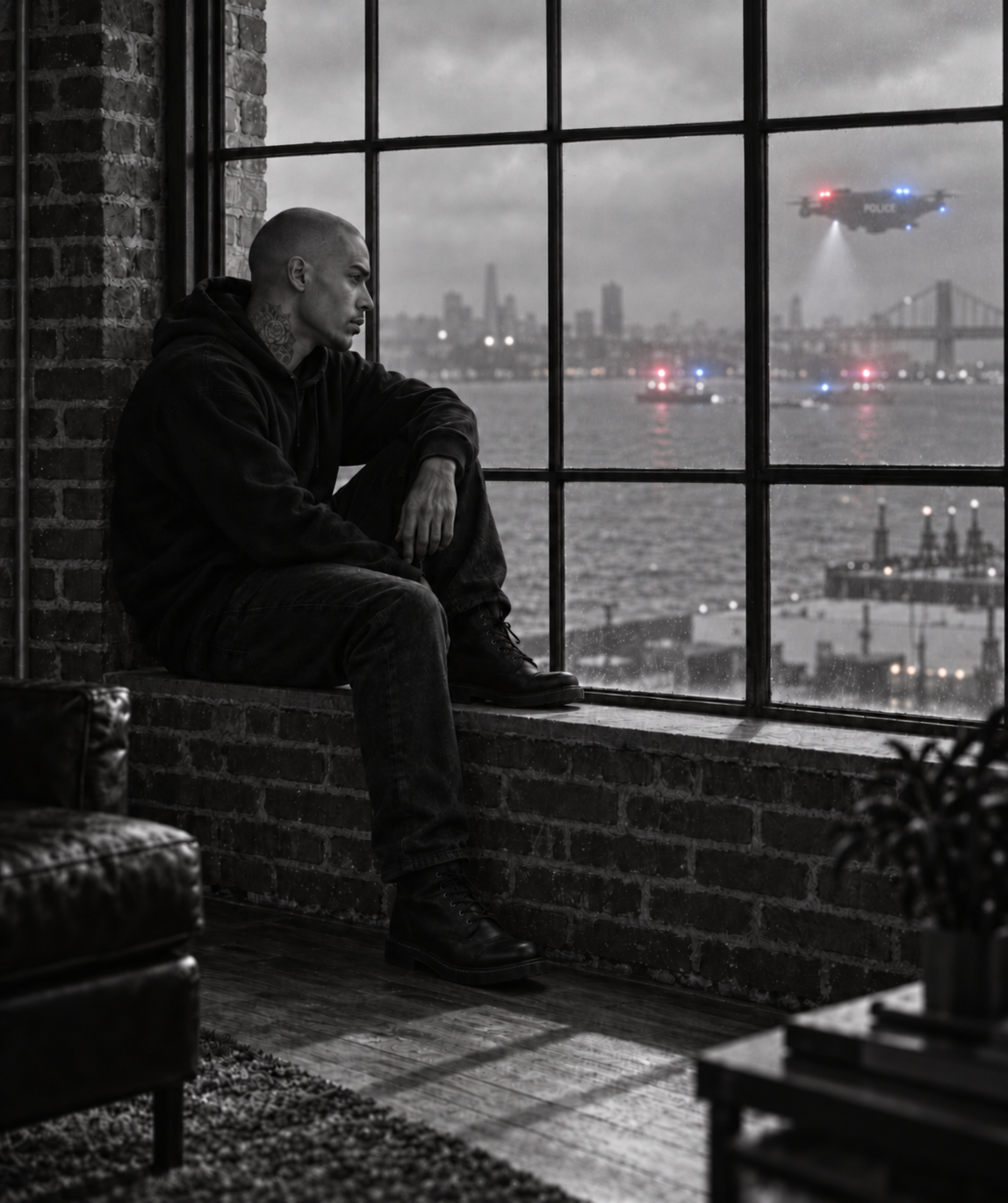 A man sitting on a windowsill in a loft with a view of the city skyline and the river, looking contemplative, with police AVs and boats visible outside.