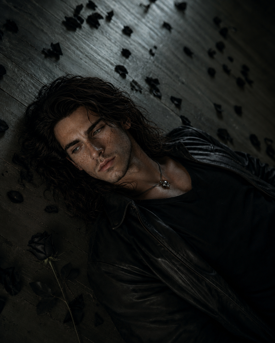 A man with long, curly hair and freckles lying on a dark wooden floor surrounded by black rose petals, wearing a black leather jacket and a silver skull necklace.