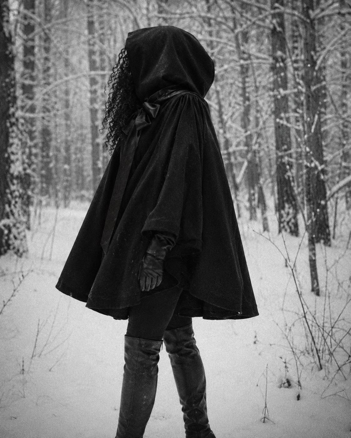 A woman wearing a hooded winter cloak, gloves, and over-the-knee boots standing in a snow-covered forest.
