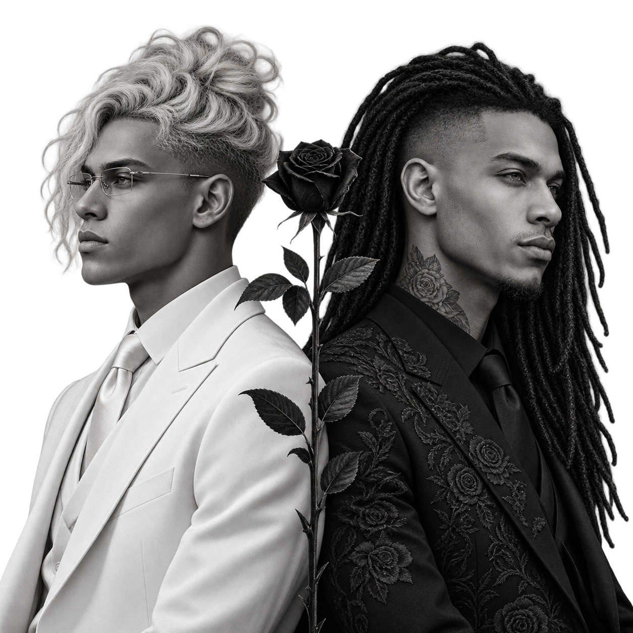 A black and white photo of two men facing opposite directions, one in a white suit and glasses, the other in a dark embroidered suit with dreadlocks, separated by a rose.
