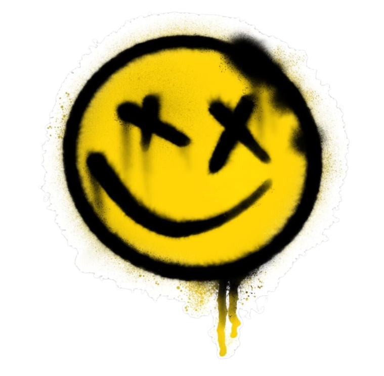 Graffiti of a yellow smiley face with black spray paint, depicting an X over one eye and a crooked smile, on a defaced white background