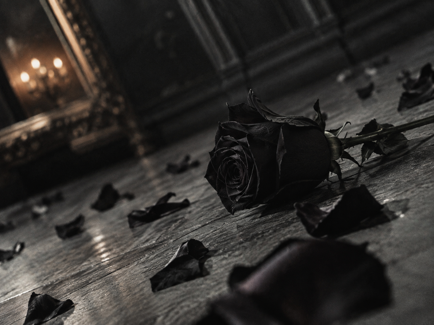 A withered black rose lying on a wooden floor, surrounded by scattered petals, in a dimly lit room with a glowing chandelier in the background.