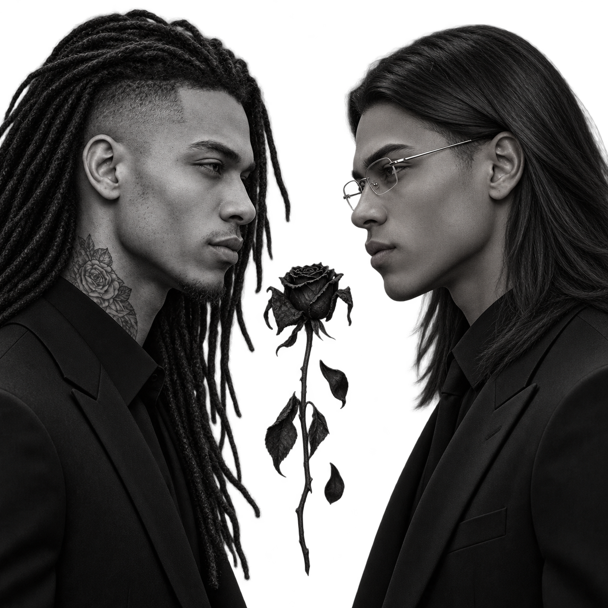 Two men facing each other, one with dreadlocks and tattoo on neck, the other with glasses and long hair, holding a black rose between them, both wearing black suits, in black and white