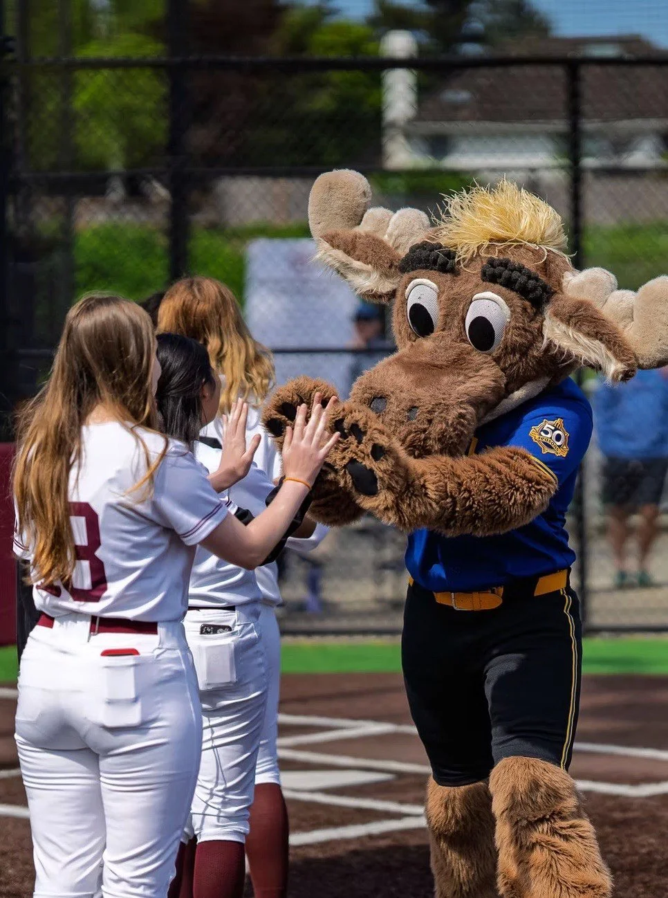 Mercer Island softball players high-five a moose mascot.