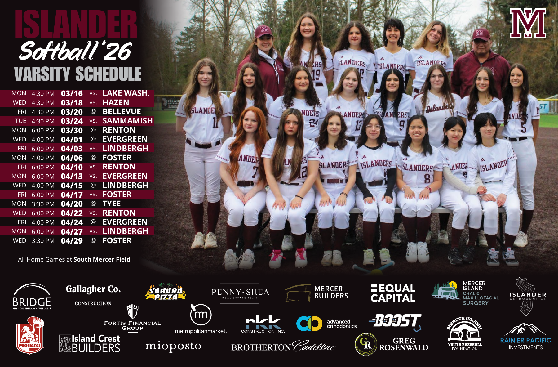 2026 Islander Softball varsity schedule poster featuring the team and sponsor logos.