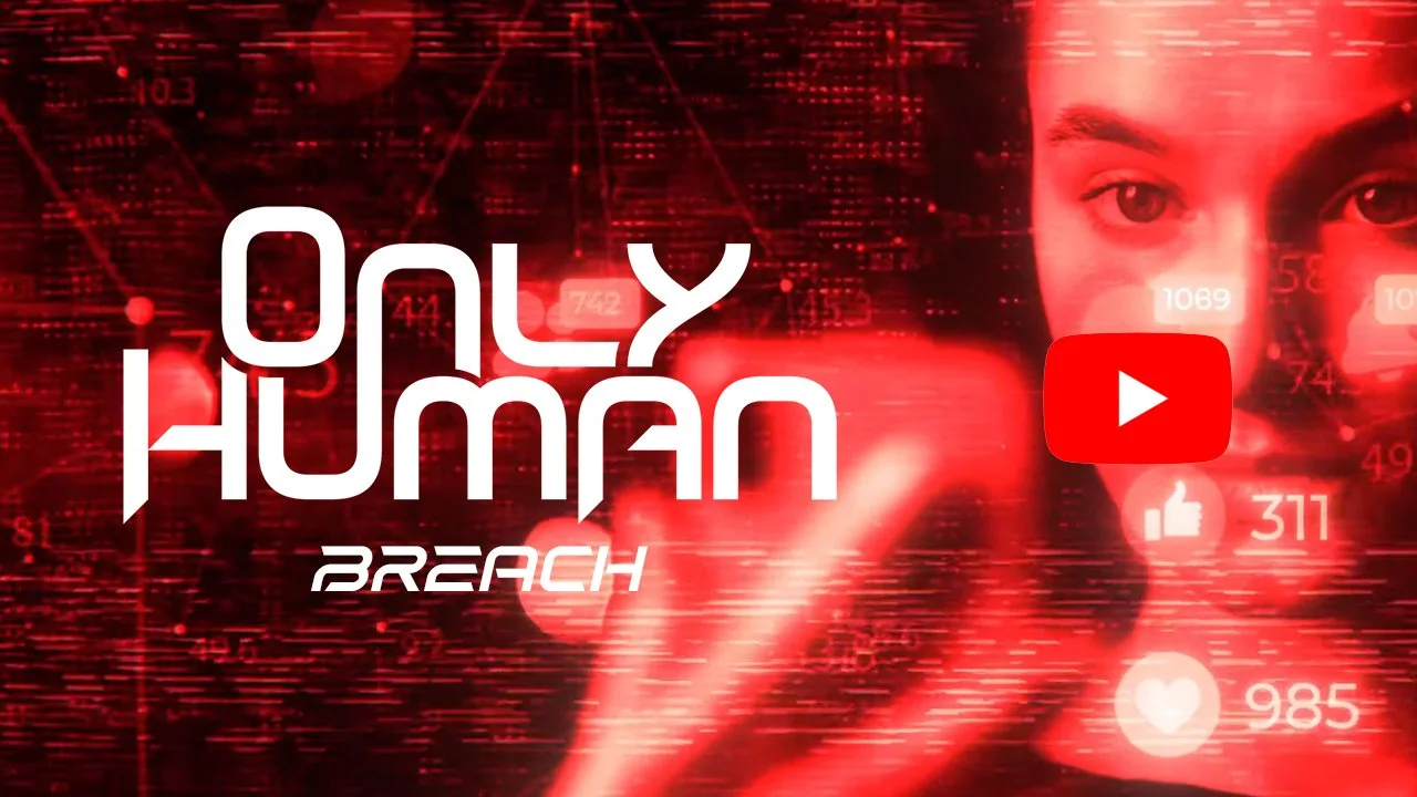 Thumbnail of a still from the music video for the song "Breach". It depicts a digital interface with a woman using a phone and social media icons like thumbs up and heart symbols, overlaid with futuristic text and the word 'Breach' in white.