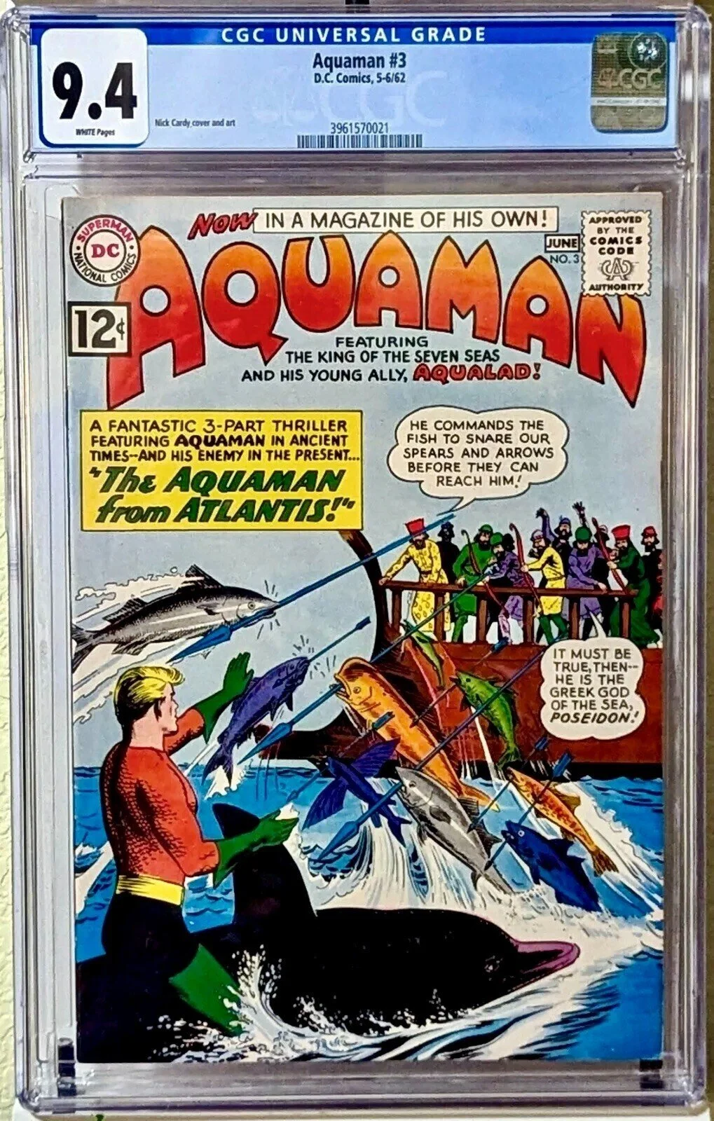 Front cover and CGC label of Aquaman #3, graded CGC 9.4