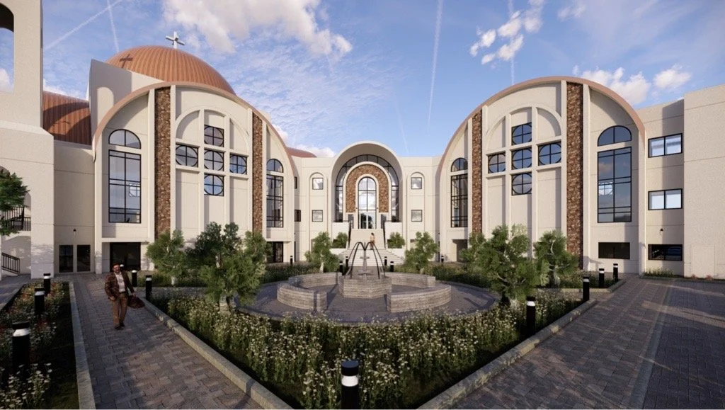 Architectural rendering of a contemporary church featuring a central dome, arched façades, stone detailing, and a landscaped courtyard.