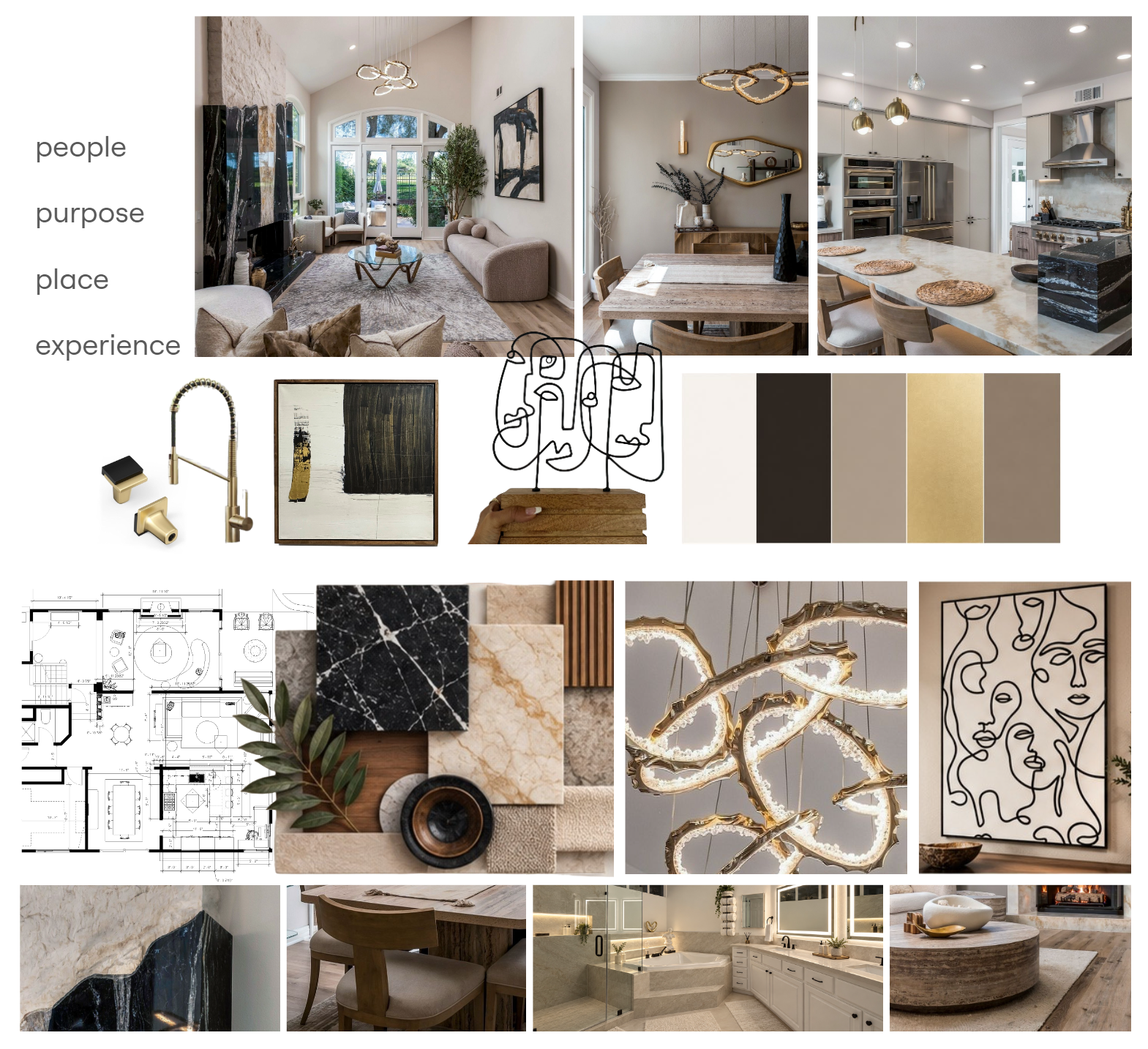 Collage of residential interior design projects featuring living spaces, kitchens, bathrooms, custom details, and coordinated material palettes.