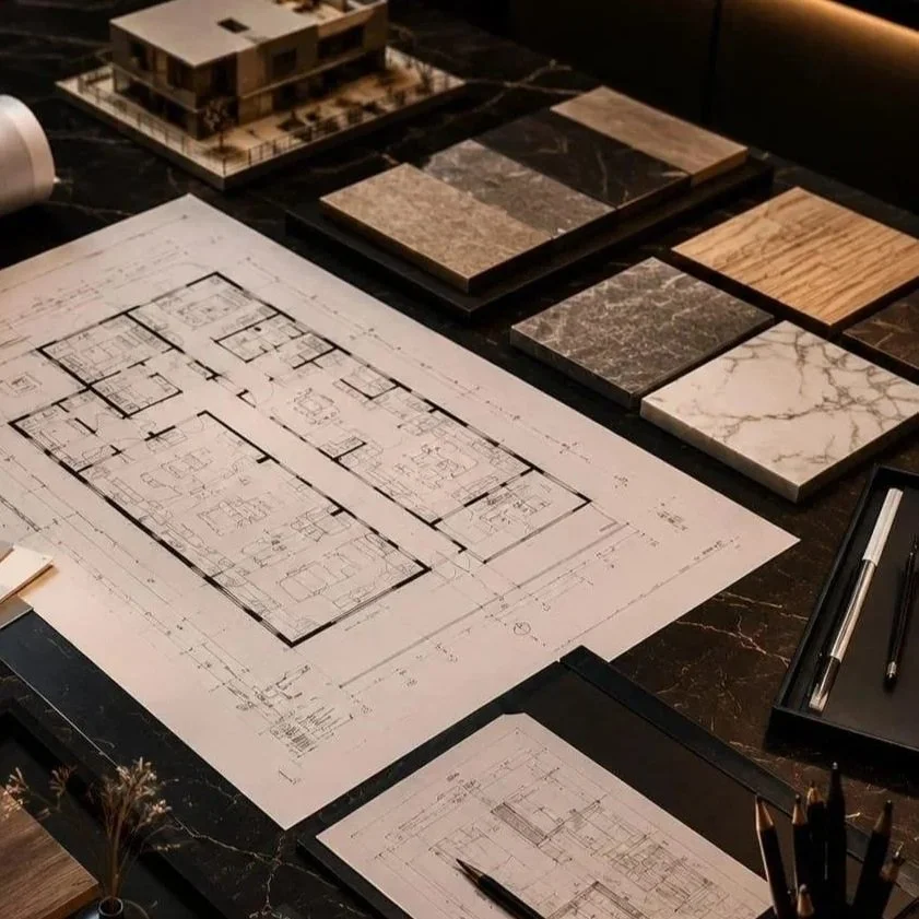 Architectural drawings, material samples, and design references arranged on a worktable.