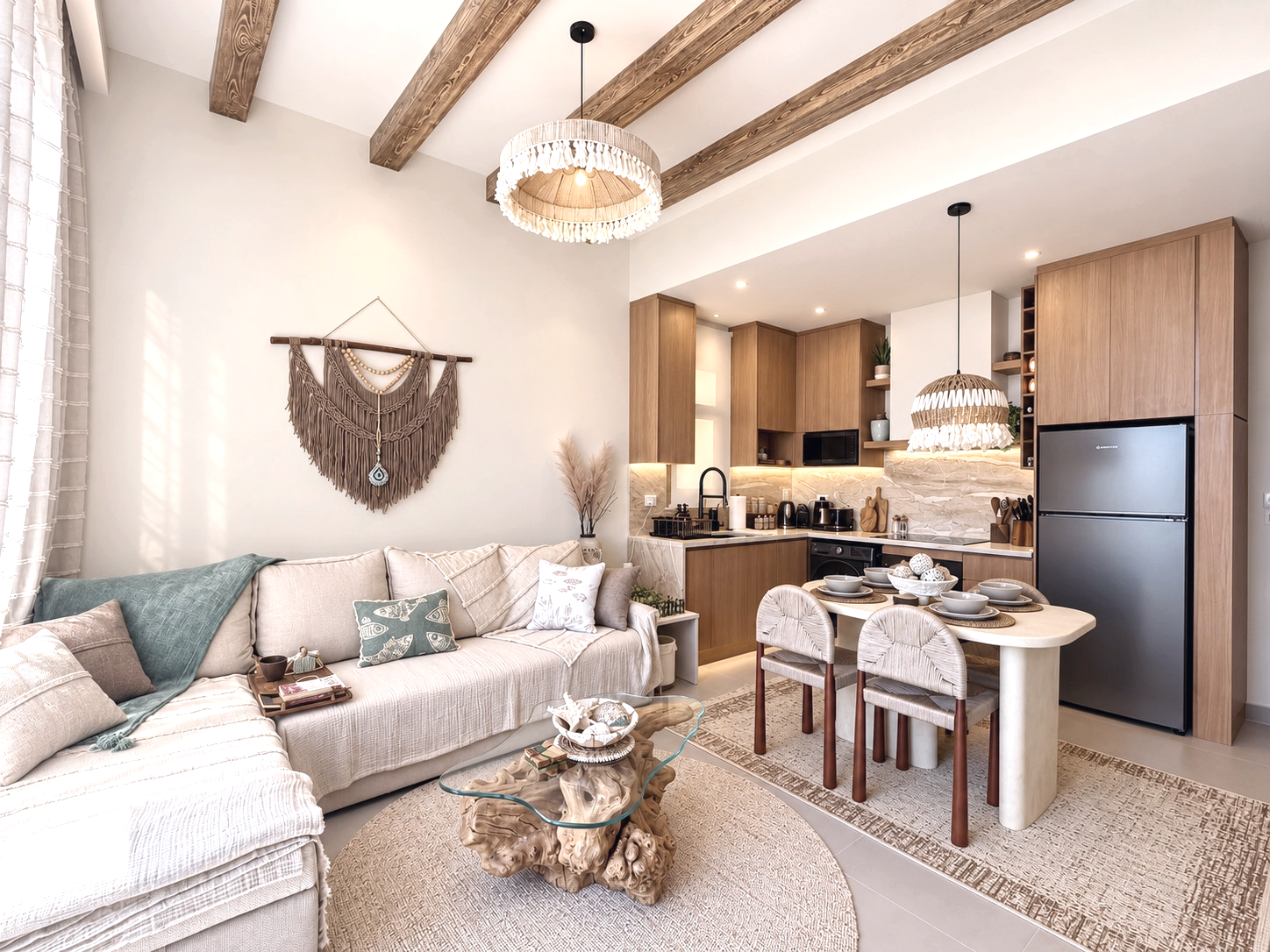 Warm contemporary living room and kitchen with exposed wood ceiling beams and coastal Boho decor.