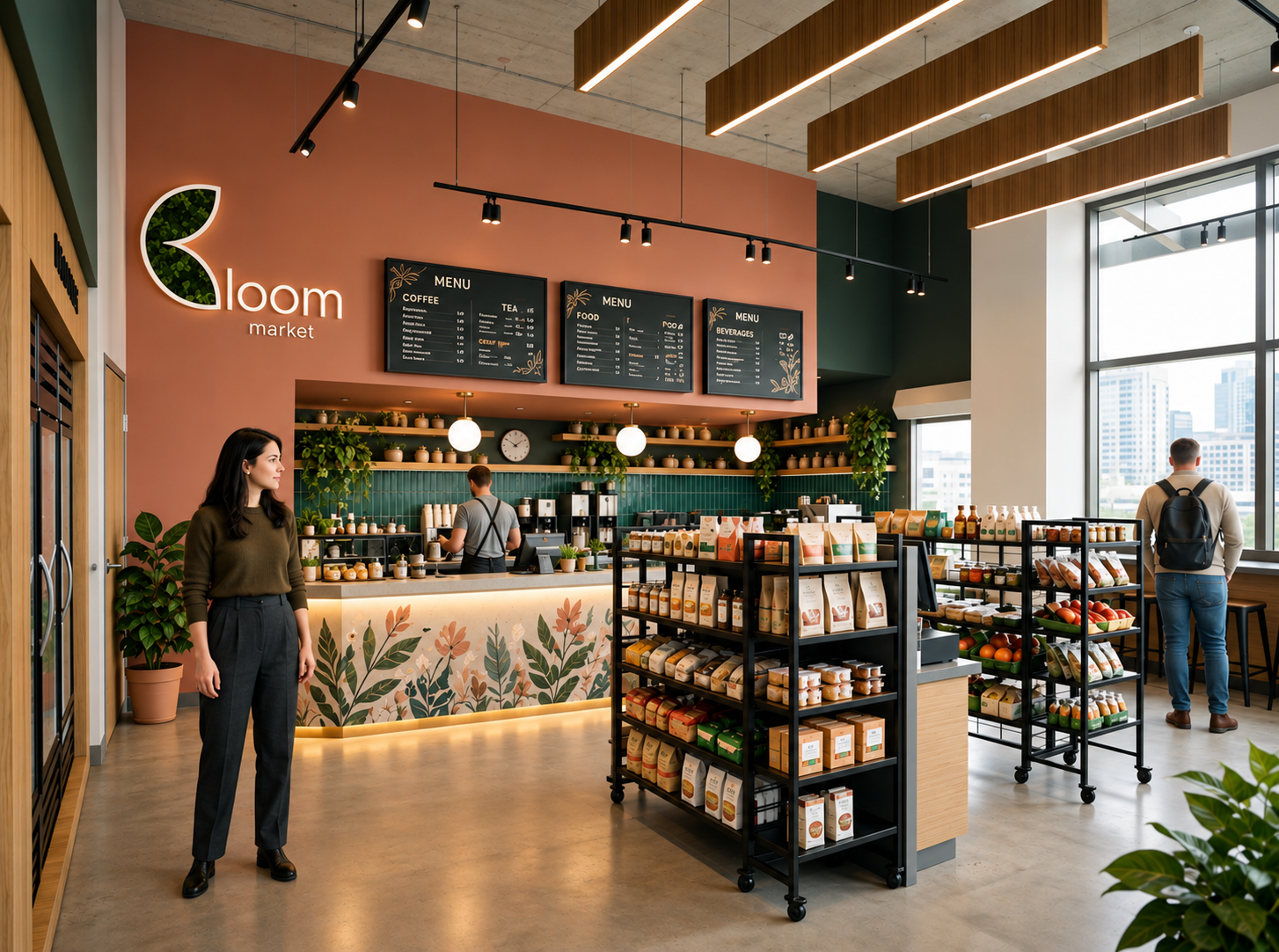 Contemporary specialty market interior featuring warm wood finishes, colorful architectural accents, product displays, and exposed ceiling elements.