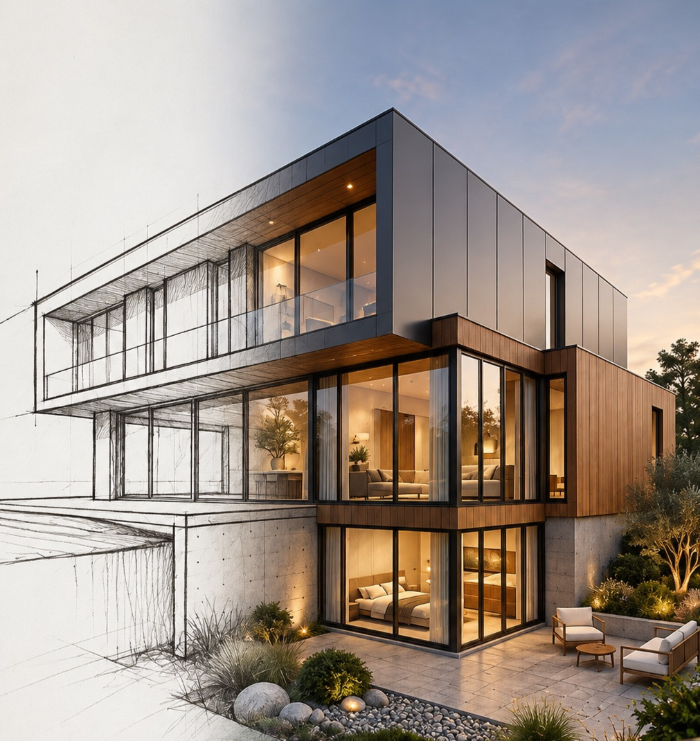 Modern residence transitioning from architectural sketch to photorealistic rendering.