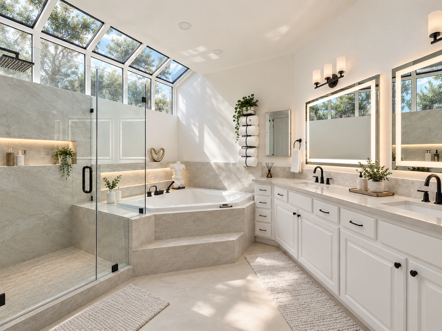 Bright and modern bathroom featuring a large window wall, a glass-enclosed shower, a corner jaccuzi bathtub, double vanity, and neutral finishes.