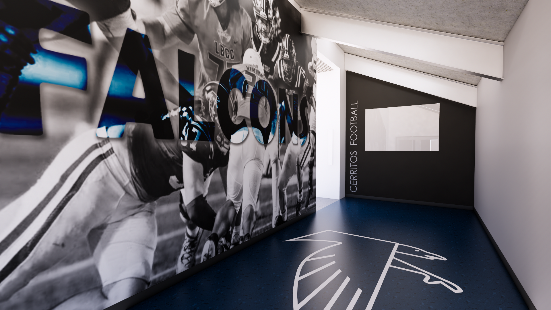 A black and white mural of football players on a wall inside a sports facility, with a part of a basketball court design on the floor and a black wall with white text that reads 'CERRITOS FOOTBALL'.