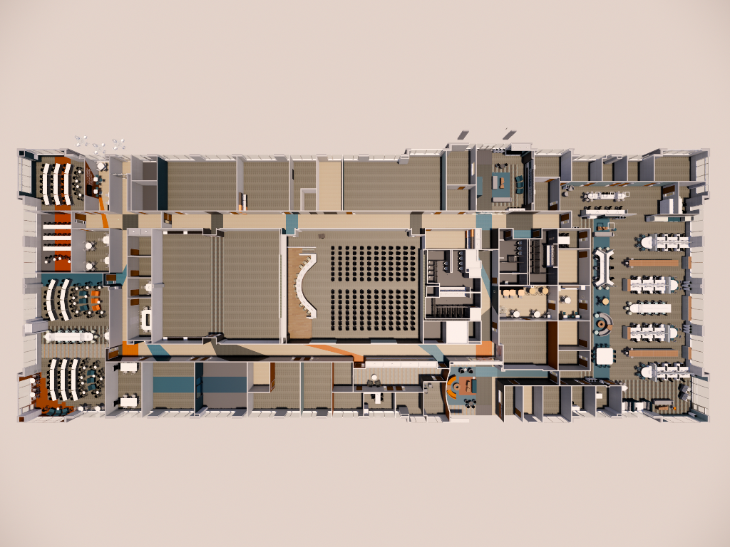 Detailed 3D architectural floor plan for civic project from Lydia Alfred's portfolio of work at HMC Architects.