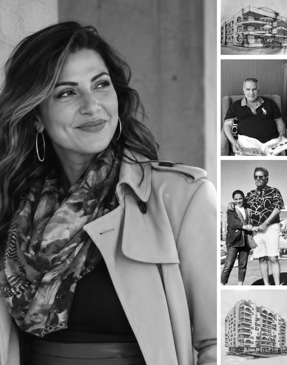 Black-and-white collage illustrating Lydia Alfred's architectural journey through portraits, architectural drawings, and professional experiences.