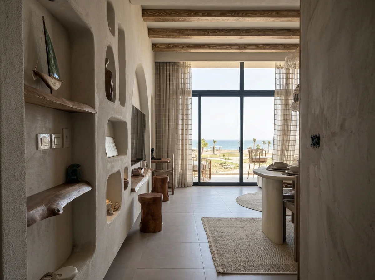 Intimate coastal interior with curved built-in shelving, warm neutral finishes, and a balcony overlooking the Red Sea.