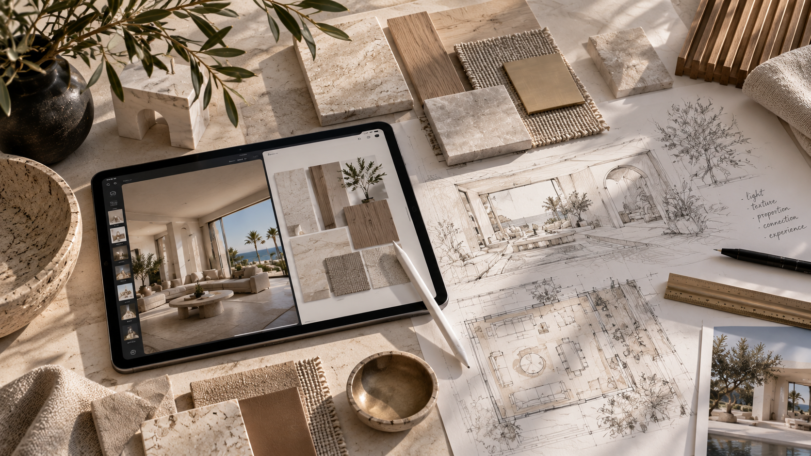 Interior design workspace featuring architectural sketches, stone, wood, and fabric samples alongside a digital design presentation.