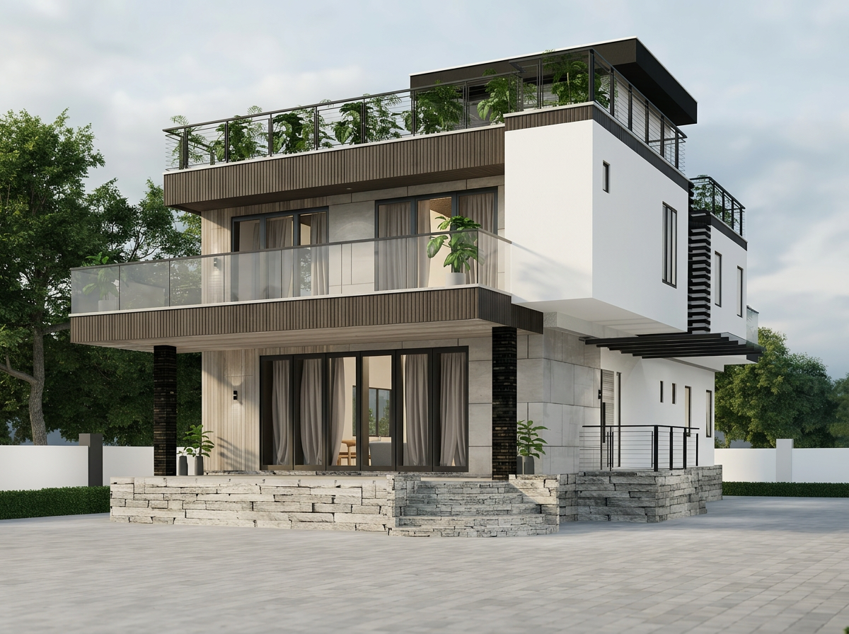 Contemporary multi-story residence with expansive glazing, balconies, natural materials, and landscaped outdoor spaces.