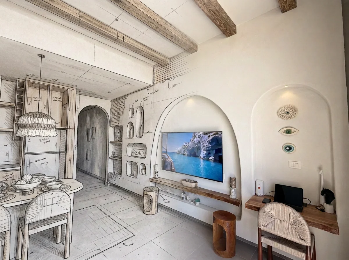 Sketch-to-reality transition of a coastal residence living room with arched detailing and an integrated workspace.