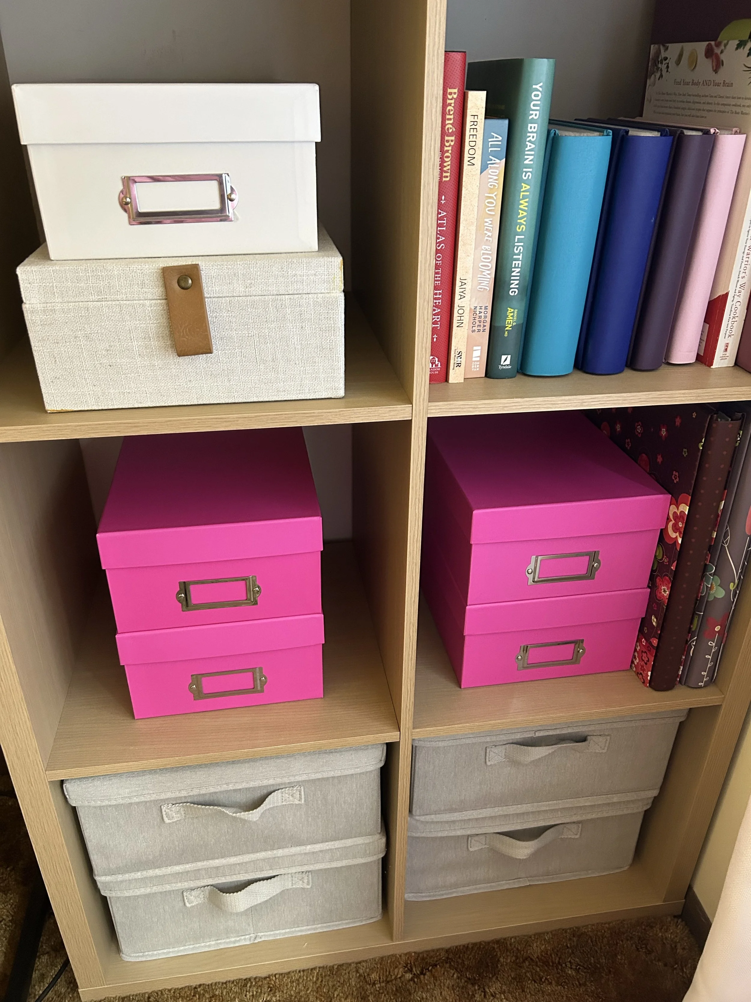 A bookshelf with a white box with pink handle, a beige box with a leather strap, four pink storage boxes, and various books.