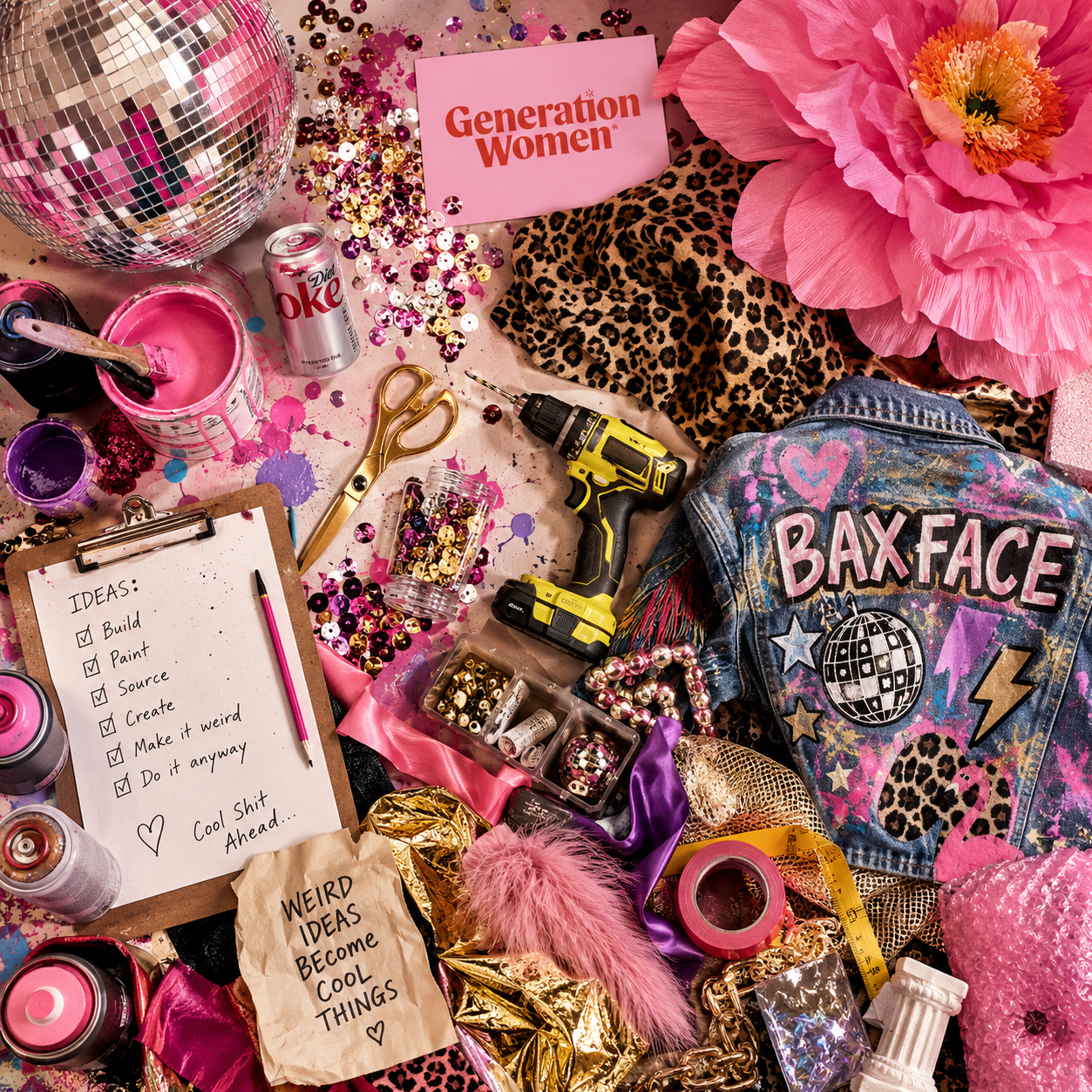 A flat lay photo of various colorful and glittery craft supplies, accessories, and decorations including a disco ball, pink spray paint, sequins, scissors, a drill, a denim jacket with patches, a pink flower, a colorful feather, tapes, and notes with creative ideas, all associated with a celebration or arts and crafts project.