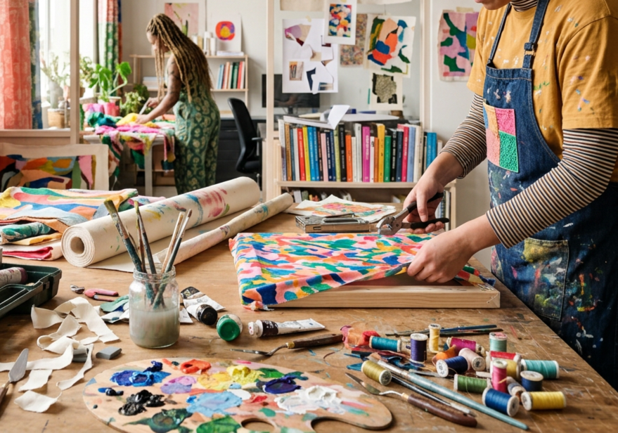 Person working on a colorful fabric in an art studio, with art supplies and a palette of paint on the table, other person in background arranging fabric near a window, decorated with abstract artwork and books.