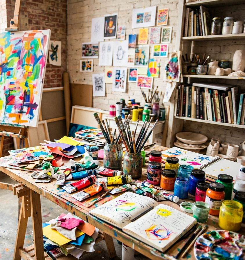 An art studio workspace with a colorful abstract painting on a canvas, jars of paint, paint tubes, brushes, sketchbooks, and assorted art supplies on a wooden table. The background shows a brick wall with various artworks pinned up and shelves with books and pottery.