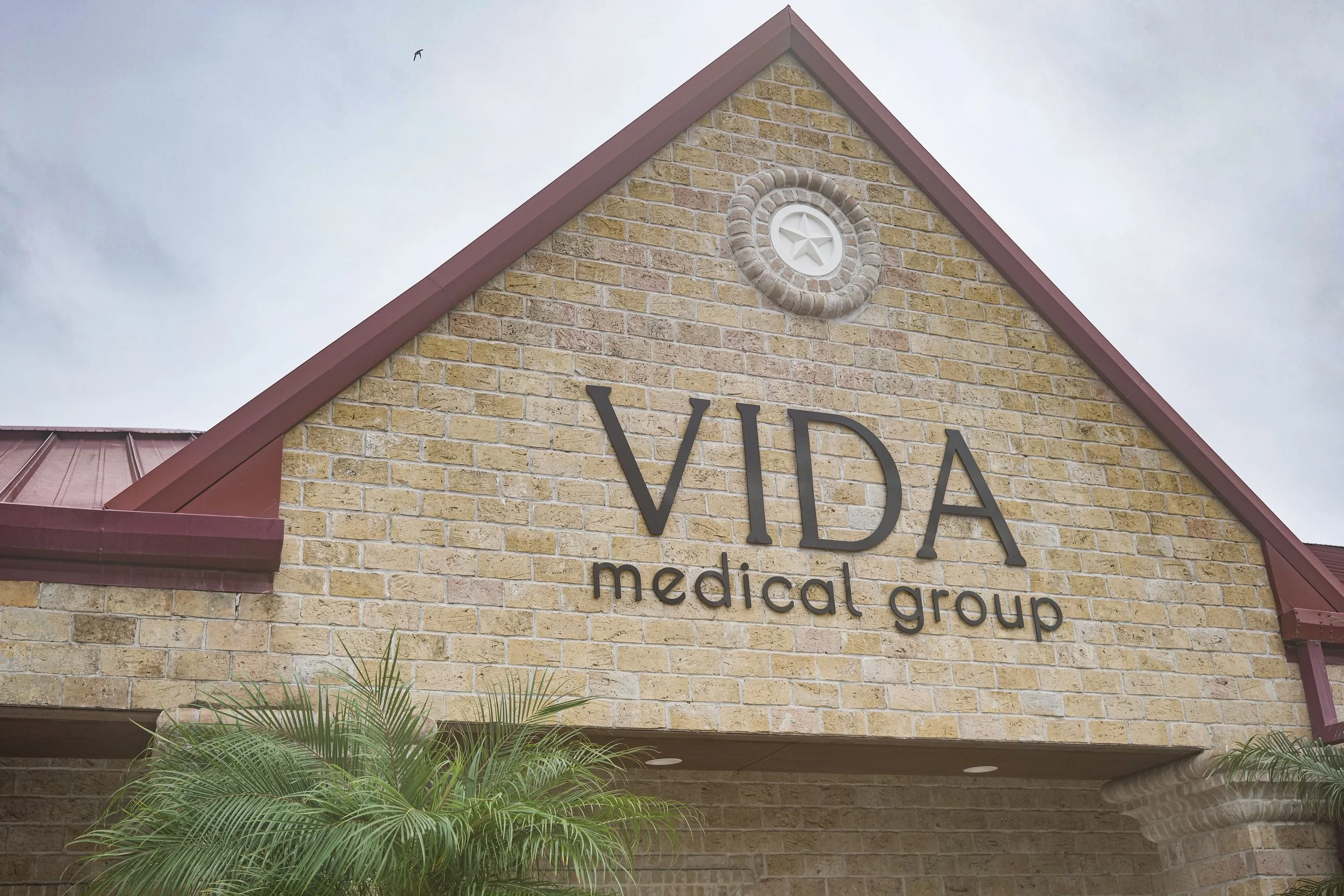 Exterior of a building labeled 'VIDA medical group' with a stone facade, a peaked roof with brown trim, and a decorative white circular emblem with a star. There are green plants at the bottom. The sky is cloudy with a bird flying.