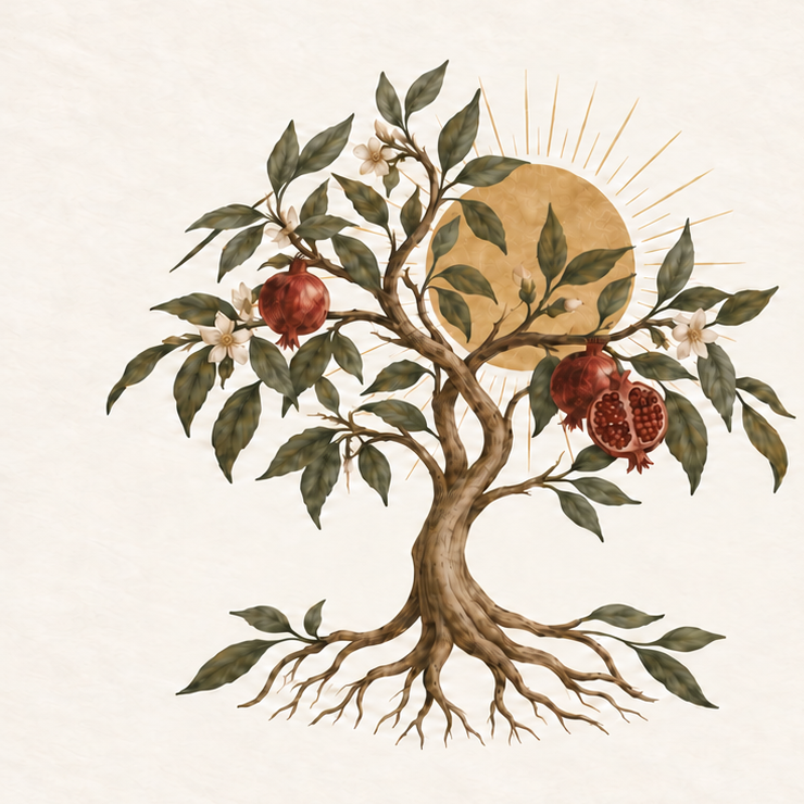 Illustration of a pomegranate tree with leaves, flowers, and hanging pomegranates, with a stylized sun in the background.