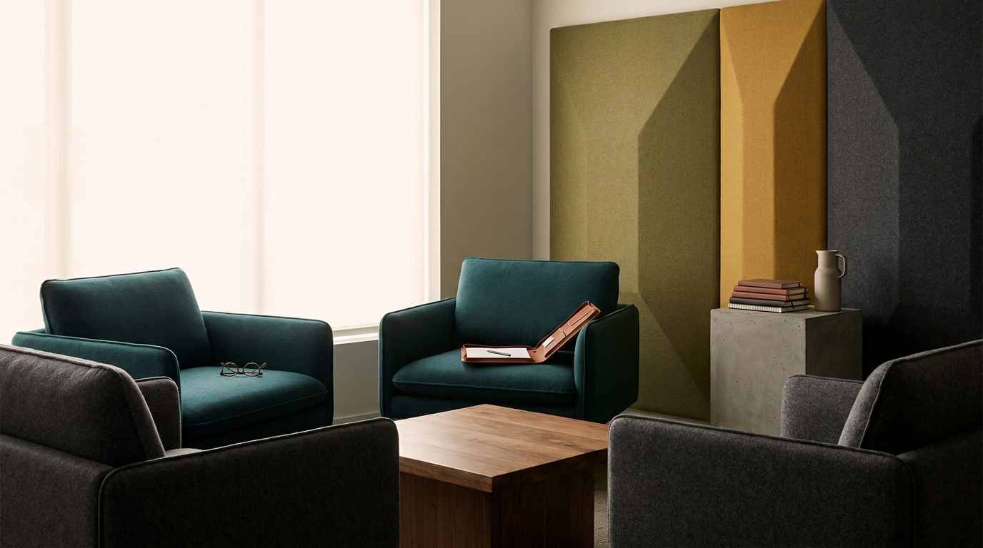 A modern waiting area with four armchairs around a wooden coffee table, large windows with blinds, and decorative wall panels in olive green, mustard yellow, and charcoal gray, with a stack of books and a pitcher on a concrete pedestal.