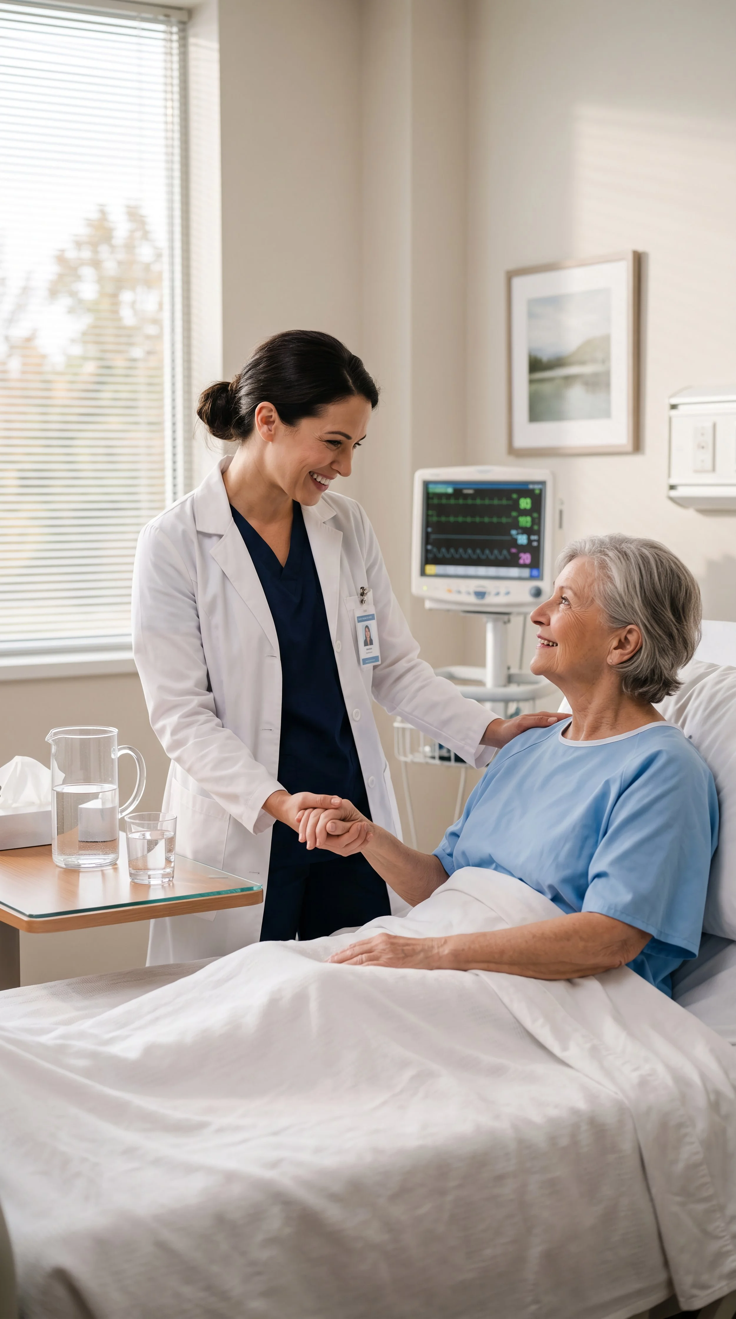 A nurse holding an elderly woman's hand in a hospital room, smiling at each other. The elderly woman is lying in bed, wearing a hospital gown, with a heart monitor on the wall behind her and a window with blinds in the background.