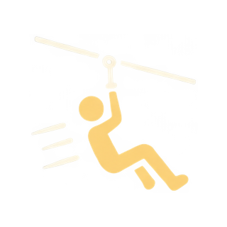 Illustration of a person riding a zip line through a forest, with the zip line attached to a tree