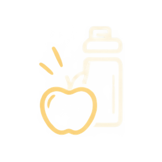 A neon-style illustration of an apple and a water bottle.