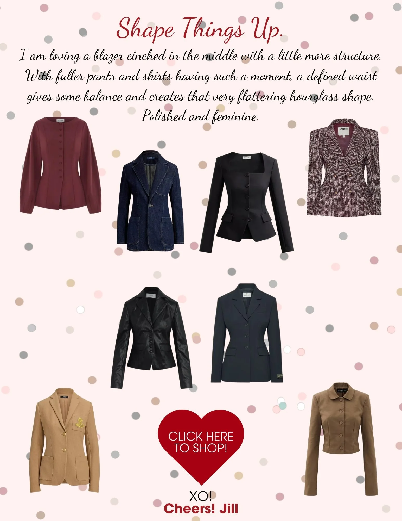 Shop women's structured blazers and jackets in this fashion collage