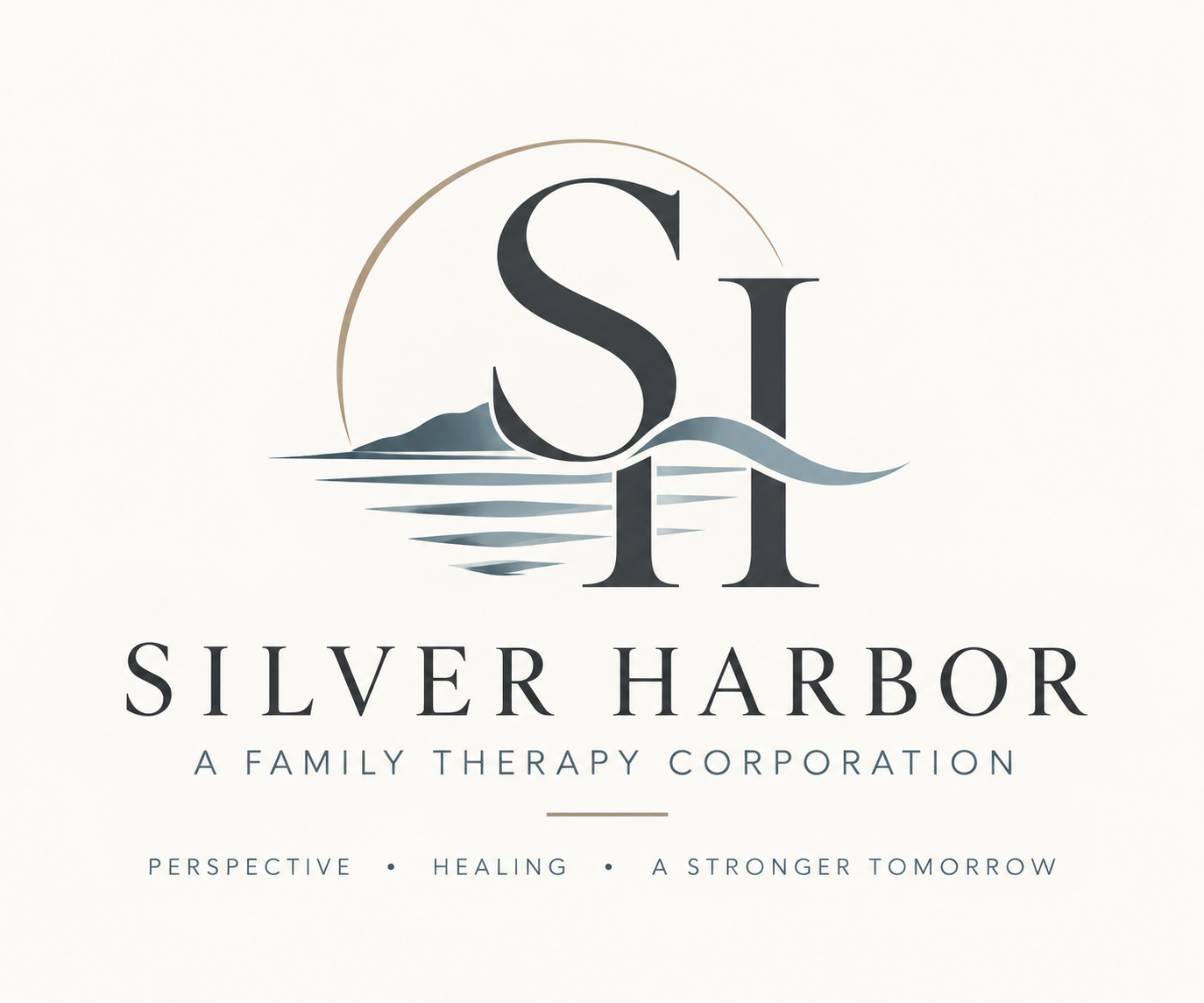Logo for Silver Harbor Family Therapy, featuring initials 'S' and 'H' with a wave and mountain illustration, and tagline 'Perspective, Healing, A Stronger Tomorrow'.