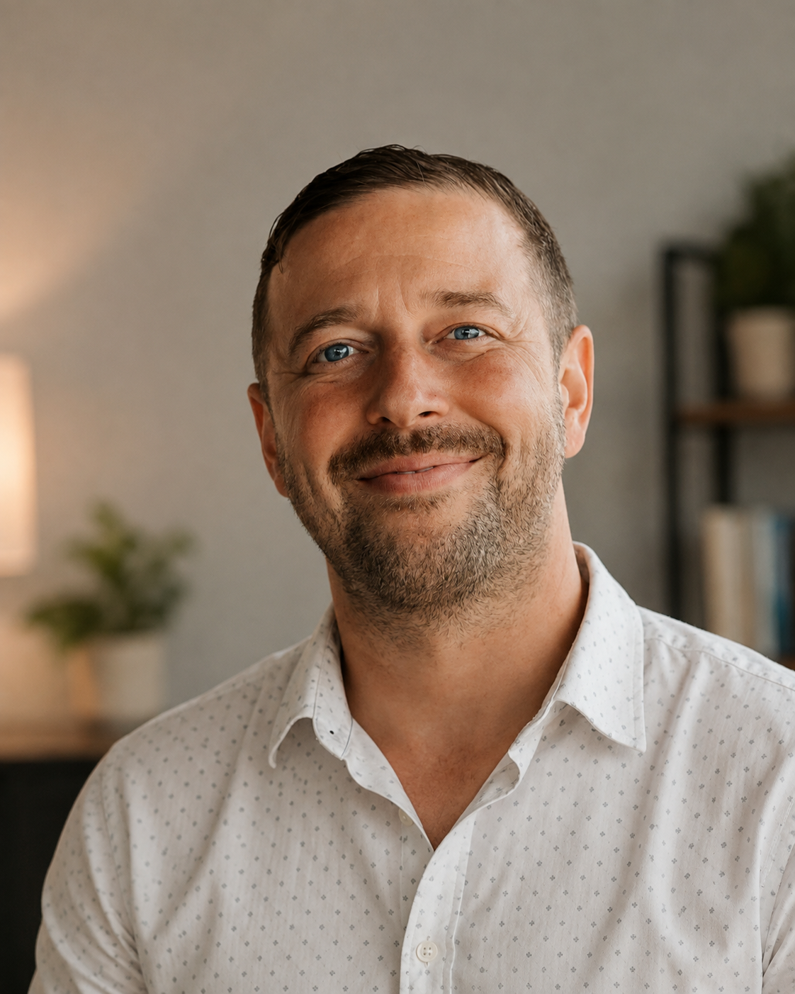 A smiling man with blue eyes, short brown hair, and a beard, wearing a white shirt with subtle dots, in a home setting with blurred shelves and plants in the background.