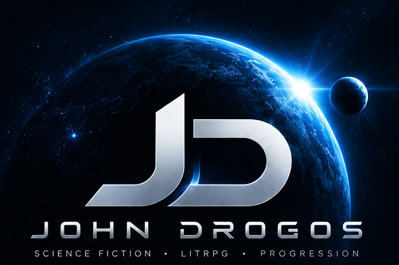 Futuristic space scene with a view of Earth and a distant moon, featuring the logo 'JD' and the text 'John Drogos' with the words 'Science Fiction,' 'Lit RPG,' and 'Progression' underneath.