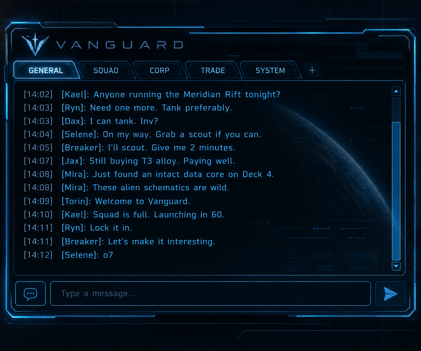 Screenshot of a sci-fi themed digital chat interface titled 'Vanguard' with tabs labeled General, Squad, Corp, Trade, System, and others. The chat contains messages about space missions, alien schematics, and space equipment, displayed with time stamps.