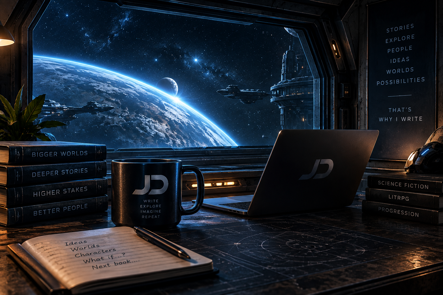 Space-themed workspace with a view of Earth from a spaceship window, featuring a laptop, books about space and stories, a coffee mug, a notebook with ideas, and a black helmet, with a starry sky and planets visible outside.